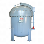 Gray industrial pressure vessel with a rounded top, side valves, and a pressure gauge, designed for storage or processing.